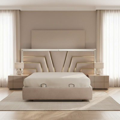 Habitación de dormir beige Cama doble Estructura de madera resistente Cama tapizada de diseñador