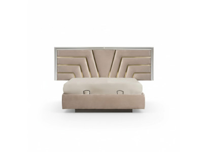 Habitación de dormir beige Cama doble Estructura de madera resistente Cama tapizada de diseñador