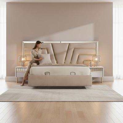Dormitorio beige Cama diseñadora 2x Mesitas de noche Conjunto elegante de 3 piezas