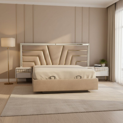 Dormitorio beige Cama diseñadora 2x Mesitas de noche Conjunto elegante de 3 piezas