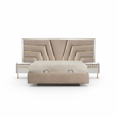 Dormitorio beige Cama diseñadora 2x Mesitas de noche Conjunto elegante de 3 piezas