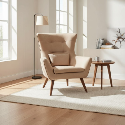 Sillón de sala beige diseño sofá lujo nuevo lounge de descanso tapizado.