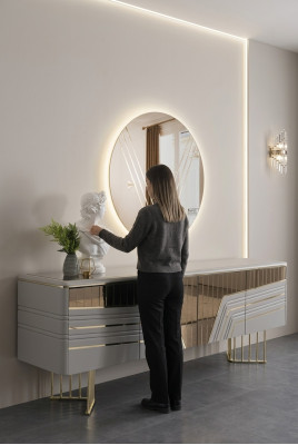 Moderno aparador de plata con espejo redondo y luz LED, conjunto de 2 piezas de diseñador.