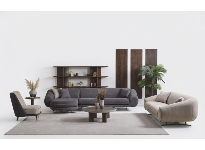 Conjunto de salón de diseñador en forma de L, sofá de 3 plazas y sillón tapizado.