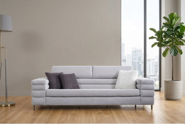 Sofá de lujo de tres plazas gris, mueble de salón de sofá de tres plazas con estructura de madera.