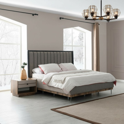 Juego de dormitorio gris de lujo con cama, 2 mesitas de noche y elegante conjunto.
