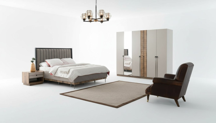 Dormitorio moderno con juego textil, cama doble de madera y armario de 4 piezas.