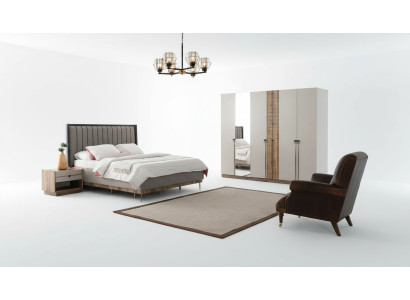Dormitorio moderno con juego textil, cama doble de madera y armario de 4 piezas.