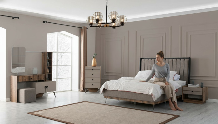 Juego de dormitorio gris cama doble 2 mesitas de noche Madera Tocador