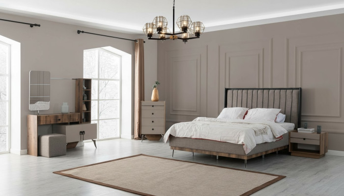 Juego de dormitorio gris cama doble 2 mesitas de noche Madera Tocador
