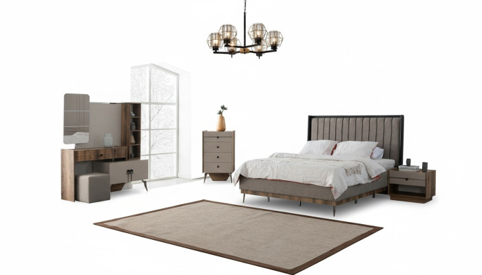 Juego de dormitorio gris cama doble 2 mesitas de noche Madera Tocador