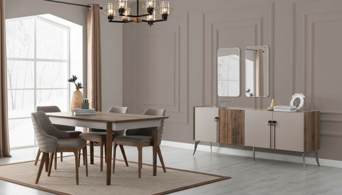 Grupo de comedor noble, juego de comedor de lujo, mesa de diseñador, sillas espejo