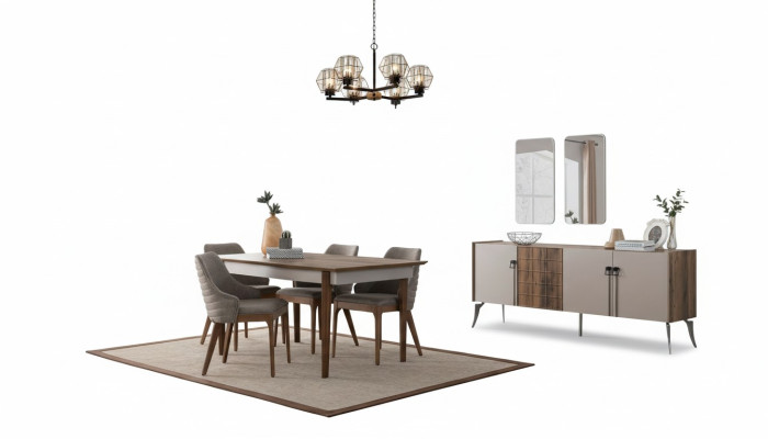Grupo de comedor noble, juego de comedor de lujo, mesa de diseñador, sillas espejo