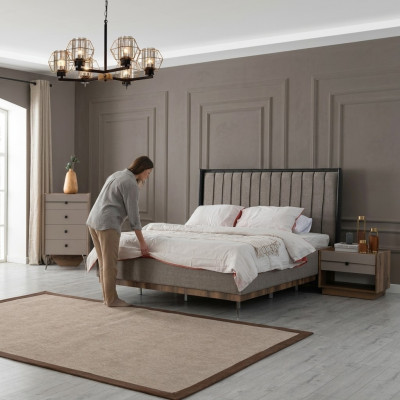 Dormitorio gris Cama Diseñador Estructura de madera Camas de textiles nobles Camas