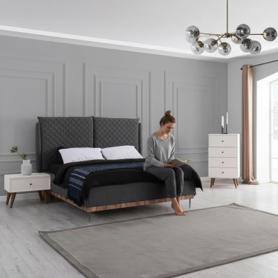 Juego de dormitorio Cama doble negra 2 mesitas de noche de madera blanca