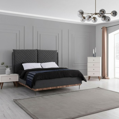 Juego de dormitorio Cama doble negra 2 mesitas de noche de madera blanca