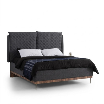 Juego de dormitorio Cama doble negra 2 mesitas de noche de madera blanca