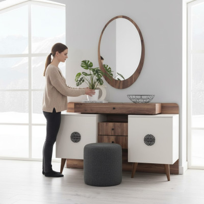 Mesa de maquillaje marrón y blanco con espejo muebles de madera de lujo para dormitorio.