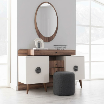 Mesa de maquillaje marrón y blanco con espejo muebles de madera de lujo para dormitorio.