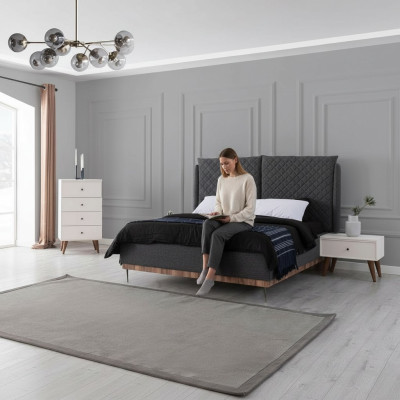 Conjunto de dormitorio gris y blanco Cama Mesitas de noche Cómoda de 4 cajones