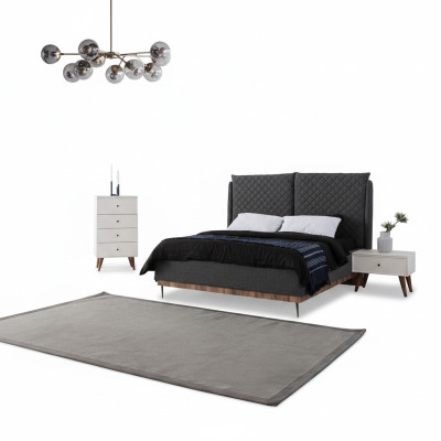 Conjunto de dormitorio gris y blanco Cama Mesitas de noche Cómoda de 4 cajones