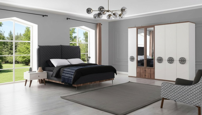Moderno conjunto de dormitorio: cama doble de diseño, armario, mesitas de noche.