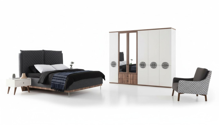 Moderno conjunto de dormitorio: cama doble de diseño, armario, mesitas de noche.