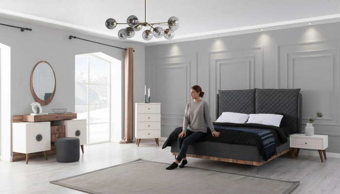 Juego de dormitorio blanco y negro, cama de diseño, tocador, cómoda, 6 piezas.
