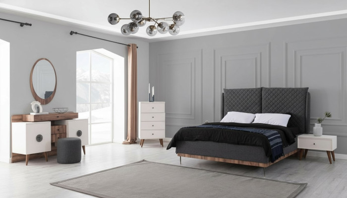 Juego de dormitorio blanco y negro, cama de diseño, tocador, cómoda, 6 piezas.