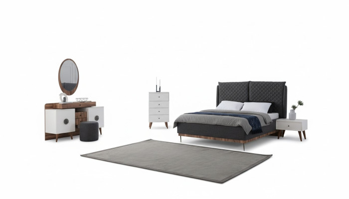 Juego de dormitorio blanco y negro, cama de diseño, tocador, cómoda, 6 piezas.