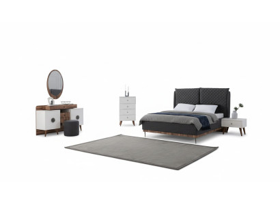 Juego de dormitorio blanco y negro, cama de diseño, tocador, cómoda, 6 piezas.