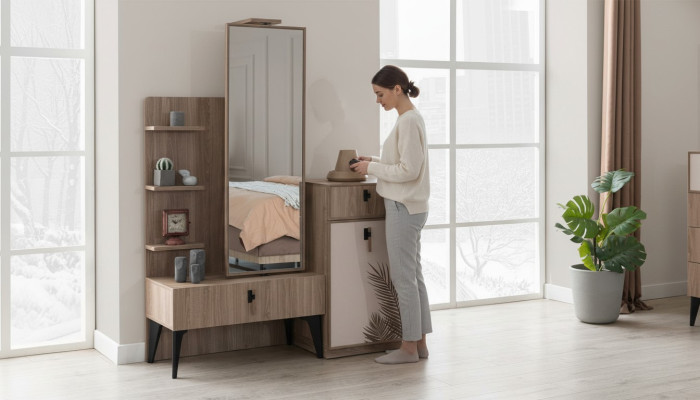 Dormitorio de lujo, cómoda moderna con espejo Muebles modernos de madera nuevos.