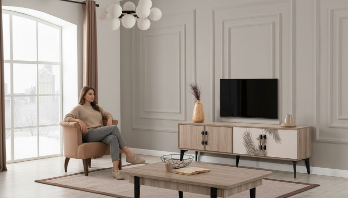 Moderna sala de estar conjunto mueble de TV lujosa mesa de centro muebles de madera.