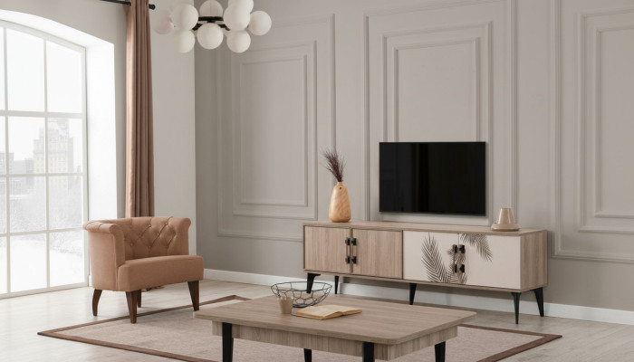Moderna sala de estar conjunto mueble de TV lujosa mesa de centro muebles de madera.