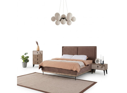 Habitación principal marrón Cama doble Diseñador Madera Moderna 2 mesitas de noche