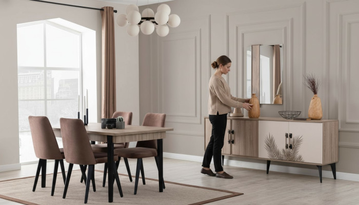 Conjunto de comedor marrón de lujo, mesa de comedor 4 sillas aparador espejo