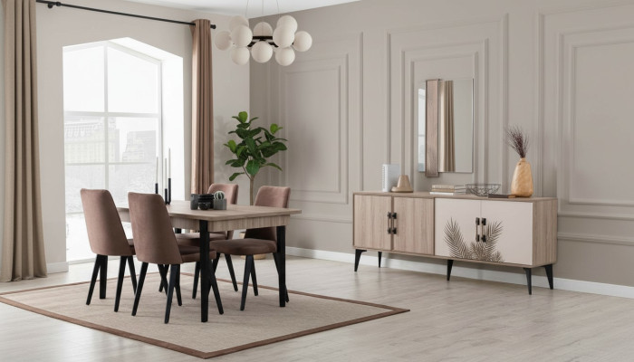 Conjunto de comedor marrón de lujo, mesa de comedor 4 sillas aparador espejo