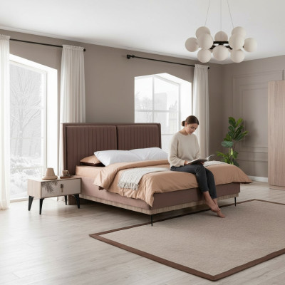 Cama doble marrón, muebles de dormitorio de diseño, camas de lujo tapizadas.