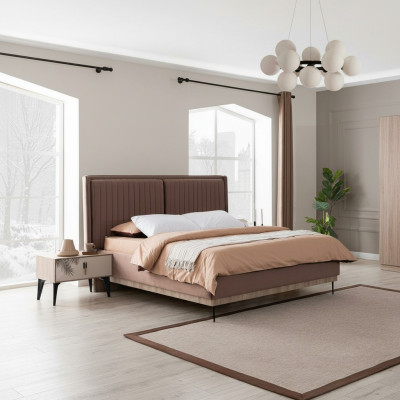 Cama doble marrón, muebles de dormitorio de diseño, camas de lujo tapizadas.
