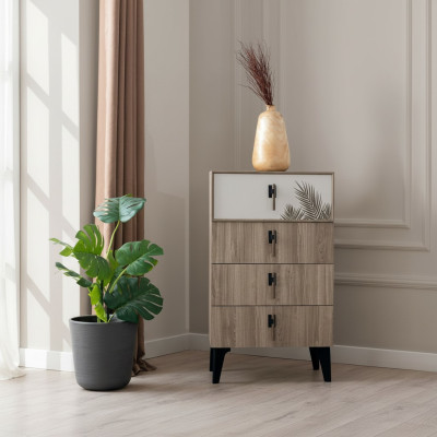 Muebles de dormitorio Cómoda alta de color marrón claro con 4 puertas de diseño.
