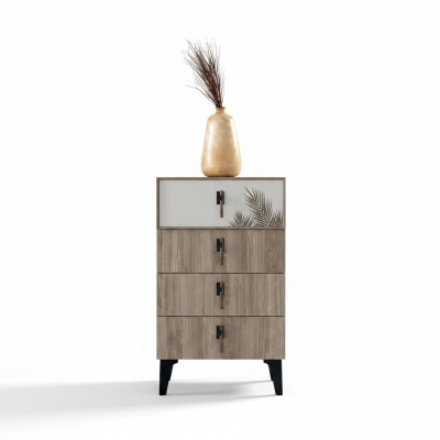 Muebles de dormitorio Cómoda alta de color marrón claro con 4 puertas de diseño.