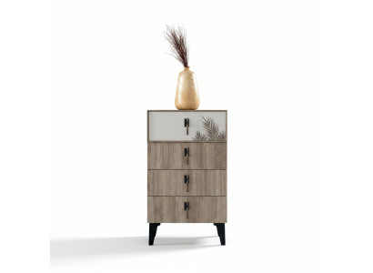 Muebles de dormitorio Cómoda alta de color marrón claro con 4 puertas de diseño.