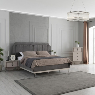 Dormitorio moderno Set Cama doble gris 2 mesitas de noche de diseño 3 piezas