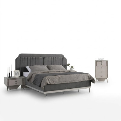 Dormitorio moderno Set Cama doble gris 2 mesitas de noche de diseño 3 piezas