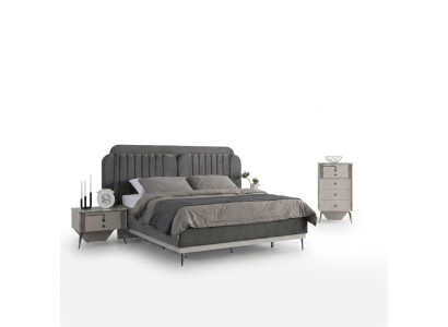 Dormitorio moderno Set Cama doble gris 2 mesitas de noche de diseño 3 piezas