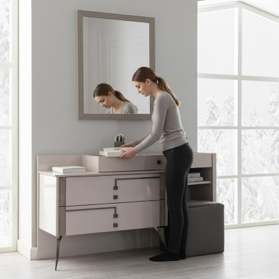 Grises dormitorio configuración diseñador cama textil 2 mesitas de noche de madera