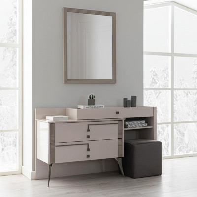 Grises dormitorio configuración diseñador cama textil 2 mesitas de noche de madera