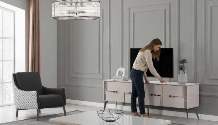 Mueble de TV beige, mesa de centro de diseñador, muebles de lujo para la sala de estar, conjunto de 2 piezas de madera.
