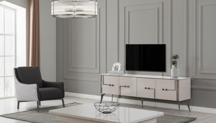 Mueble de TV beige, mesa de centro de diseñador, muebles de lujo para la sala de estar, conjunto de 2 piezas de madera.