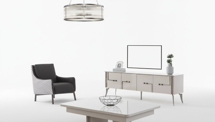 Mueble de TV beige, mesa de centro de diseñador, muebles de lujo para la sala de estar, conjunto de 2 piezas de madera.